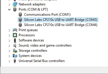 图 20-5 展开「Ports (COM & LPT)」后显示的 Silicon Labs CP210x USB to UART Bridge (COM3) 与 (COM4)