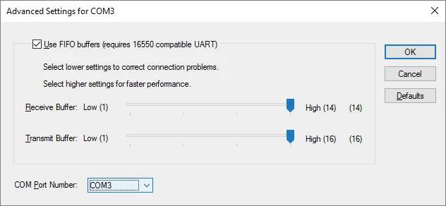 图 20-8 「Advanced Settings for COM3」中可选择 COM 端口号