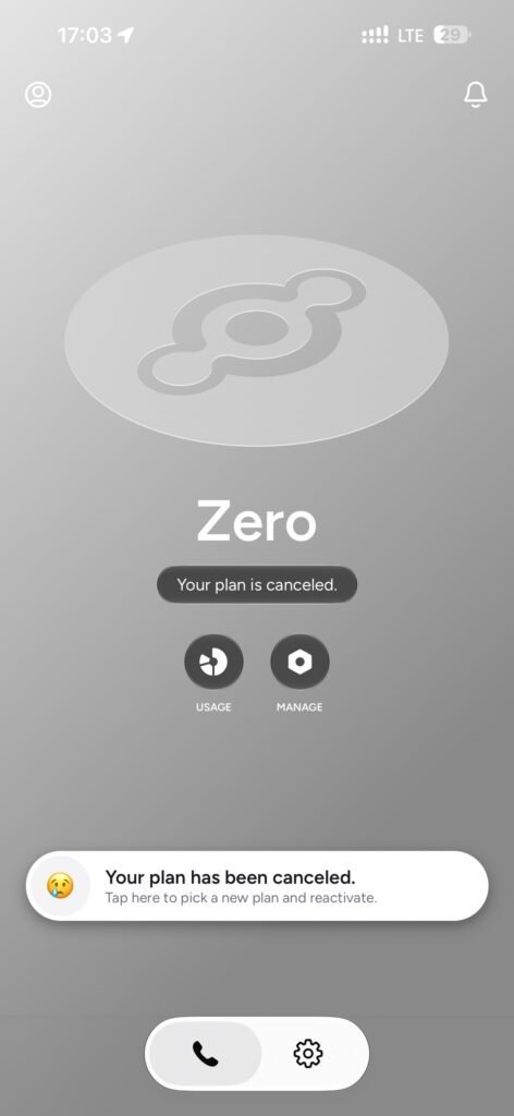 Helium Mobile app screenshot showing the Helium logo, the "Zero" plan name, and a "Your plan is canceled" banner — client-side account status locked after the automated cancellation threshold